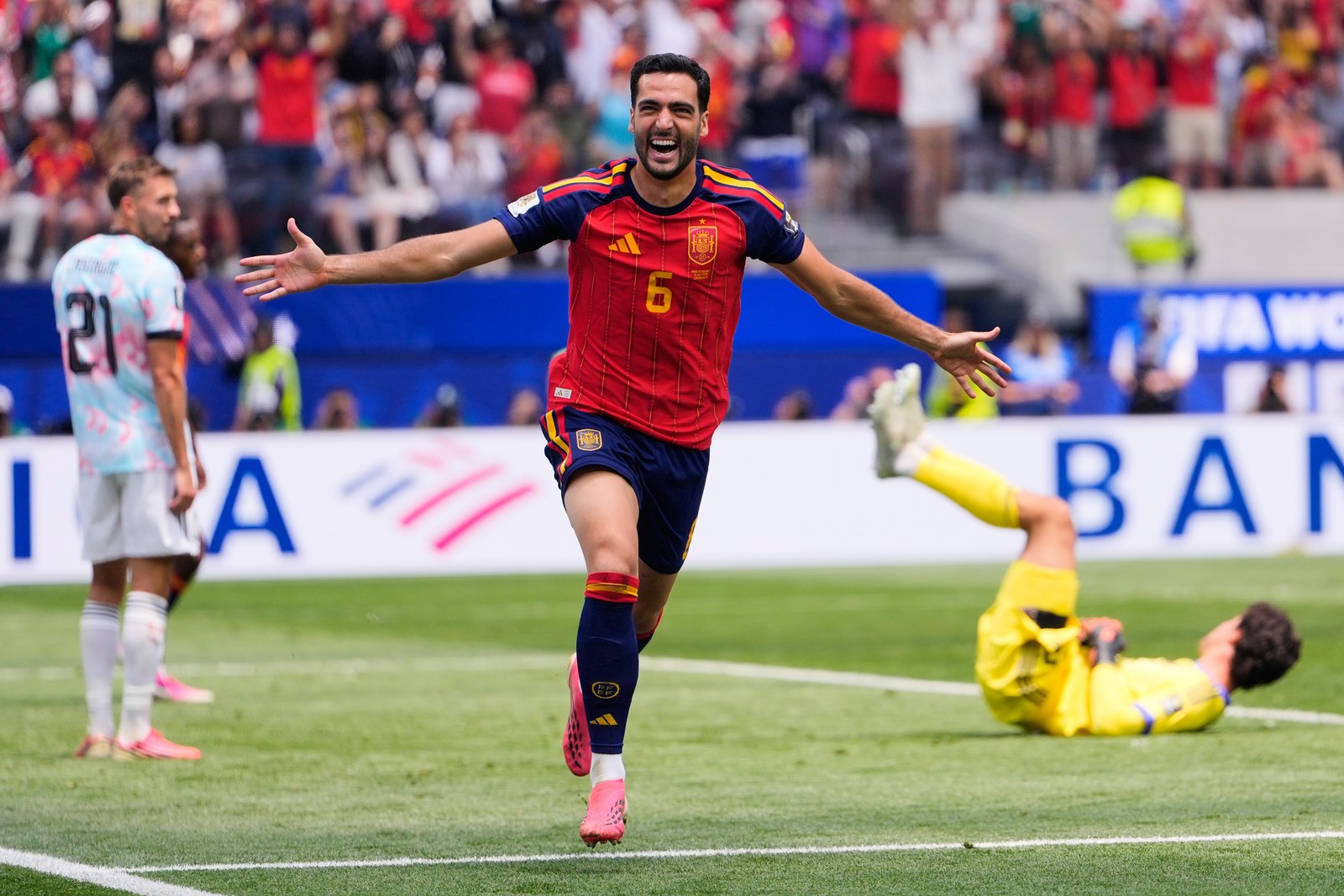 Mikel Merino celebrates for Spain at the 2026 World Cup. Source: AP.