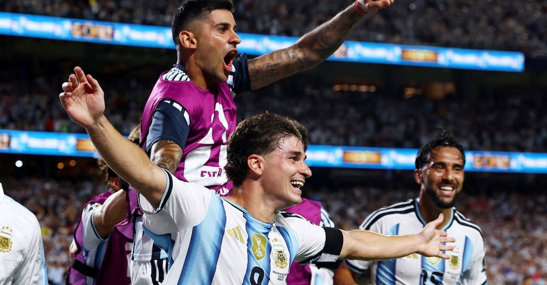 Archive photo: Julián Álvarez (No. 9) celebrates with Argentina teammates at the 2026 World Cup. Source: onmanorama.com
