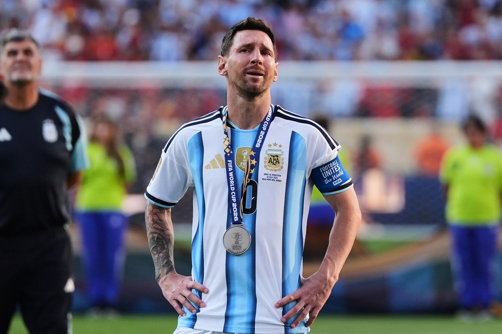 A tearful Lionel Messi with his runner-up medal after the final.